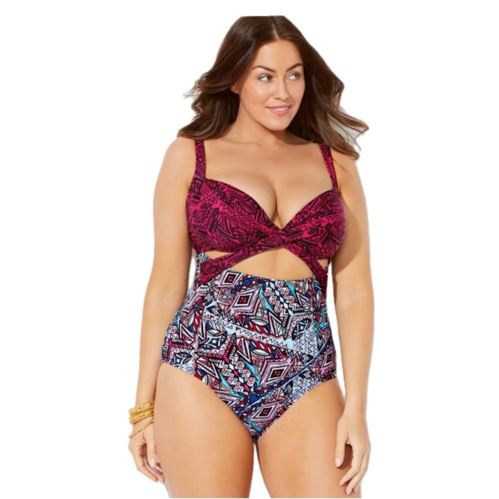 Swim suits for all, aztec multicolor Patterned Swimsuit with cut outs, size 16